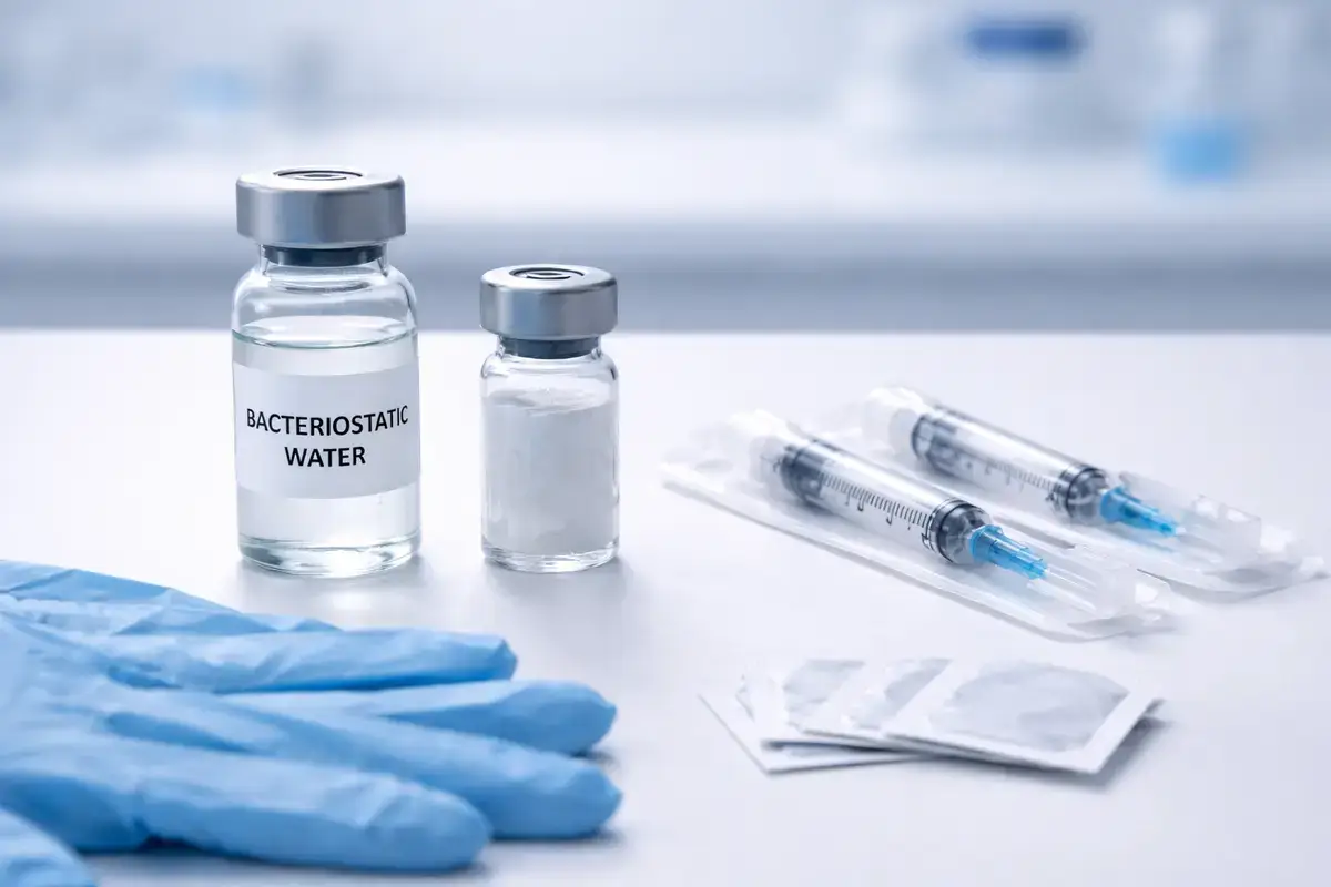 Bacteriostatic water vial and laboratory supplies for reconstituting lyophilized research compounds