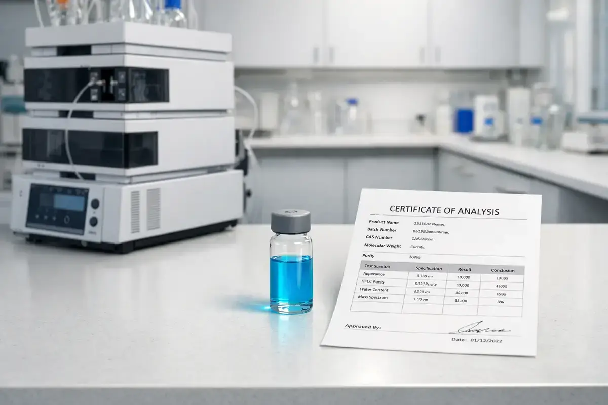 GHK-Cu purity testing with HPLC instrument and copper peptide sample in research laboratory