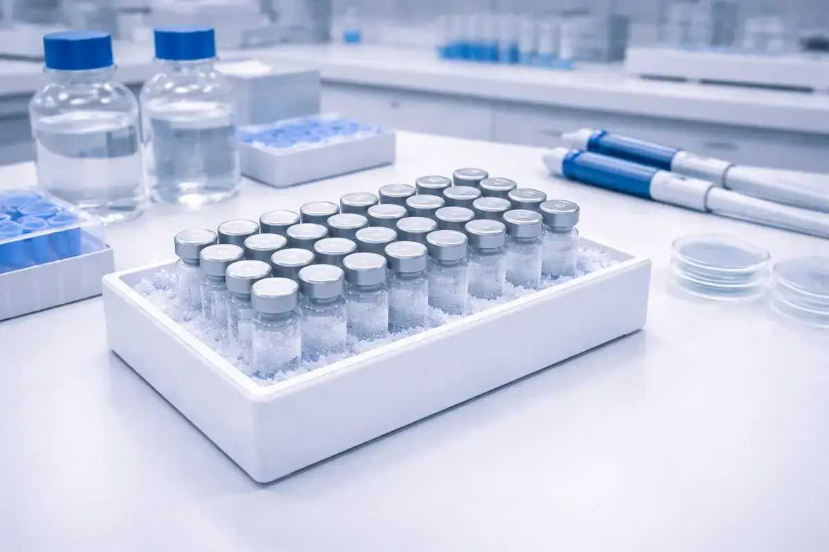 Pre-mixed peptide solution vials stored in a laboratory cold storage rack