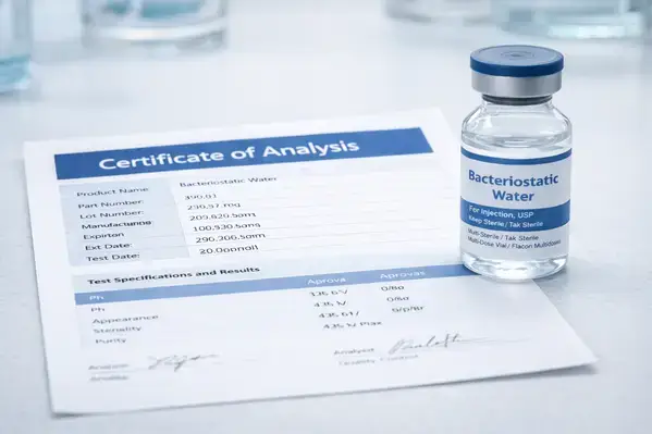 Certificate of Analysis for reconstitution water used in peptide research
