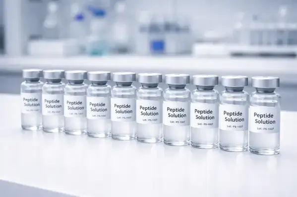 Pre-reconstituted research peptides in labeled laboratory vials