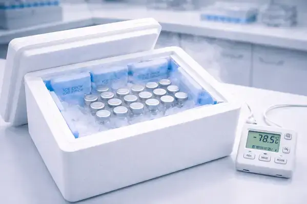Peptide solution shipment with cold chain packaging and temperature logger