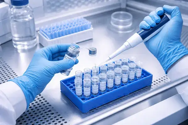 Researcher aliquoting pre-mixed peptide solution into single-use cryovials