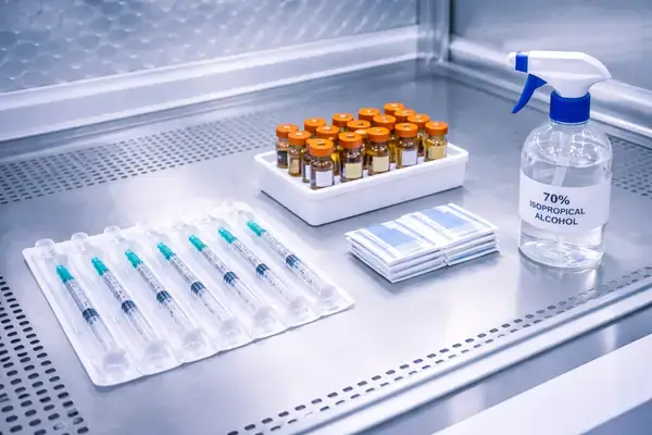 Sterile handling setup for peptide research reagents in a biosafety cabinet