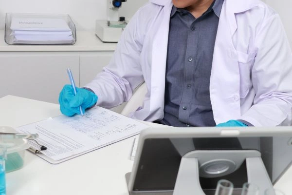 Researcher performing data analysis and reporting