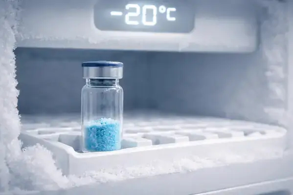 Lyophilized GHK-Cu powder stored at minus 20 degrees Celsius for research use