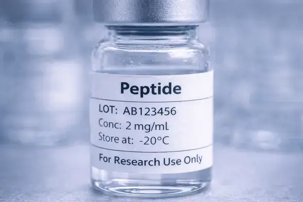 Properly labeled peptide solution vial with research use only designation