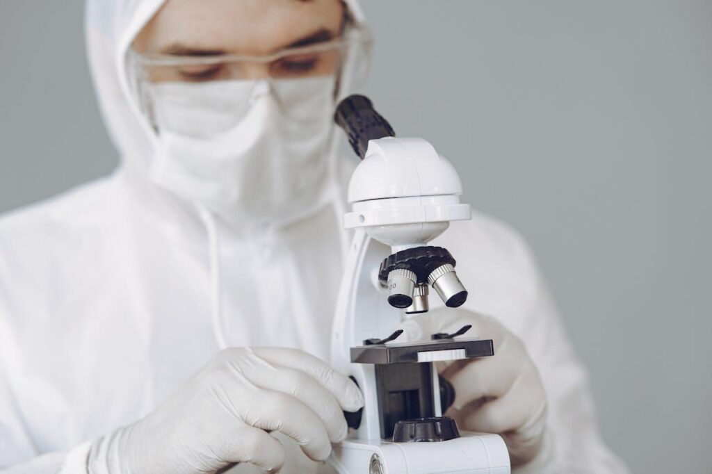 Researcher wearing complete PPE while conducting GLP1-T peptides research