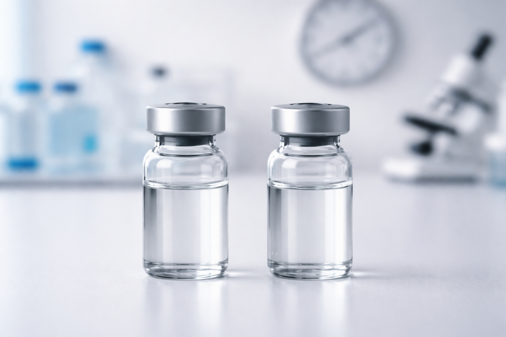 Sealed and punctured bacteriostatic water vials side by side on a lab bench
