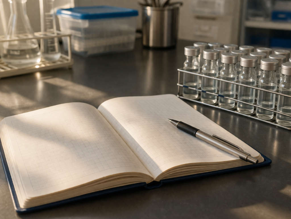 Open laboratory logbook next to neatly arranged glass vials with a pen on the page
