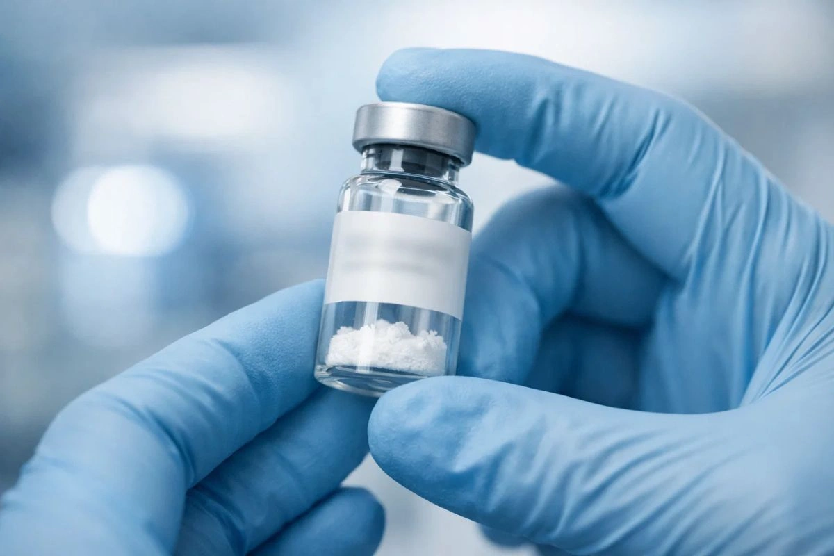 Researcher holding peptide vial in laboratory setting