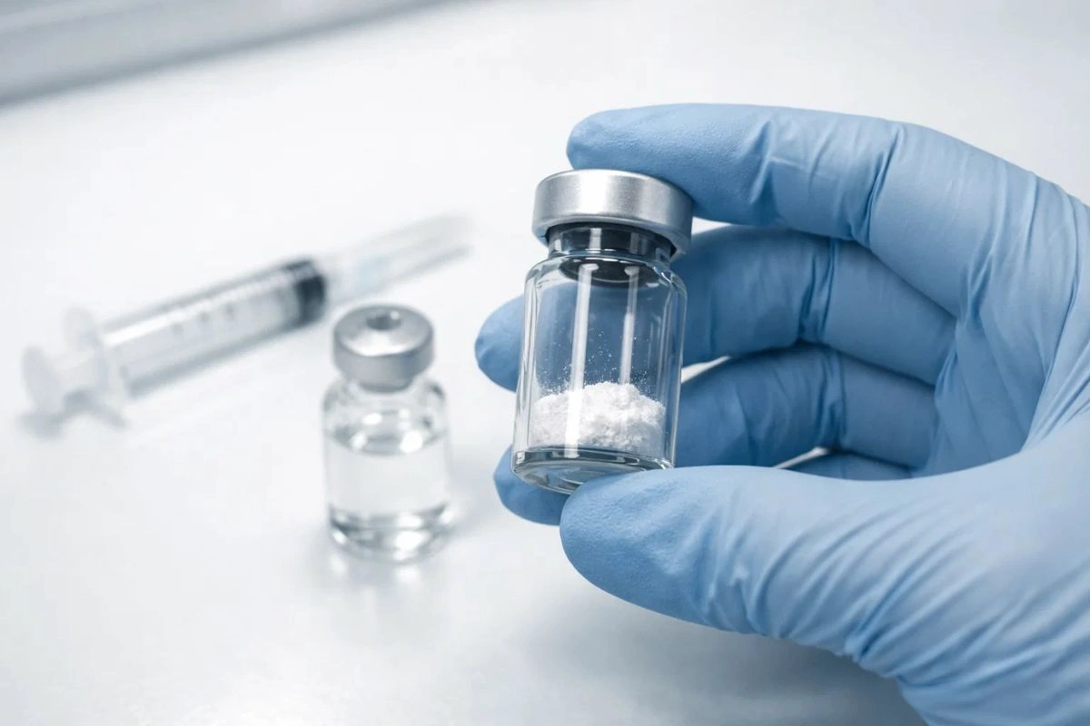Gloved hands holding peptide vial on lab bench