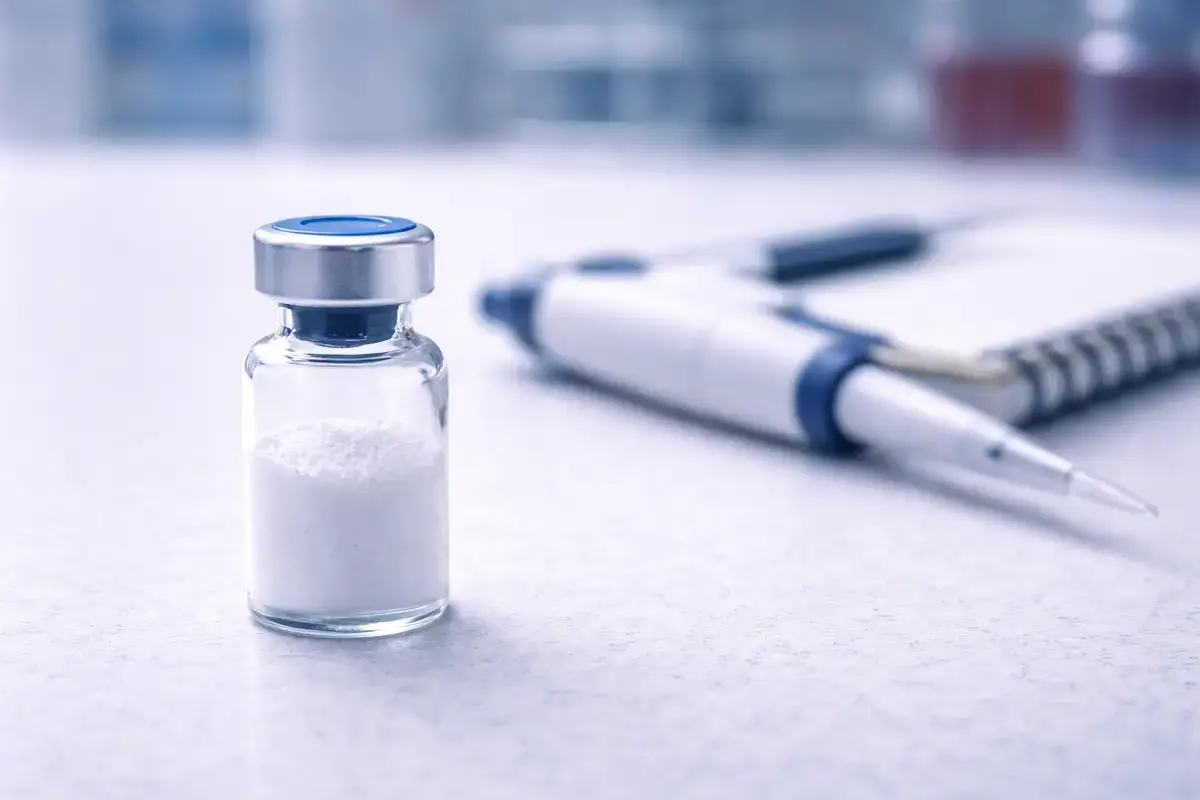 Ipamorelin research peptide vial in a laboratory setting