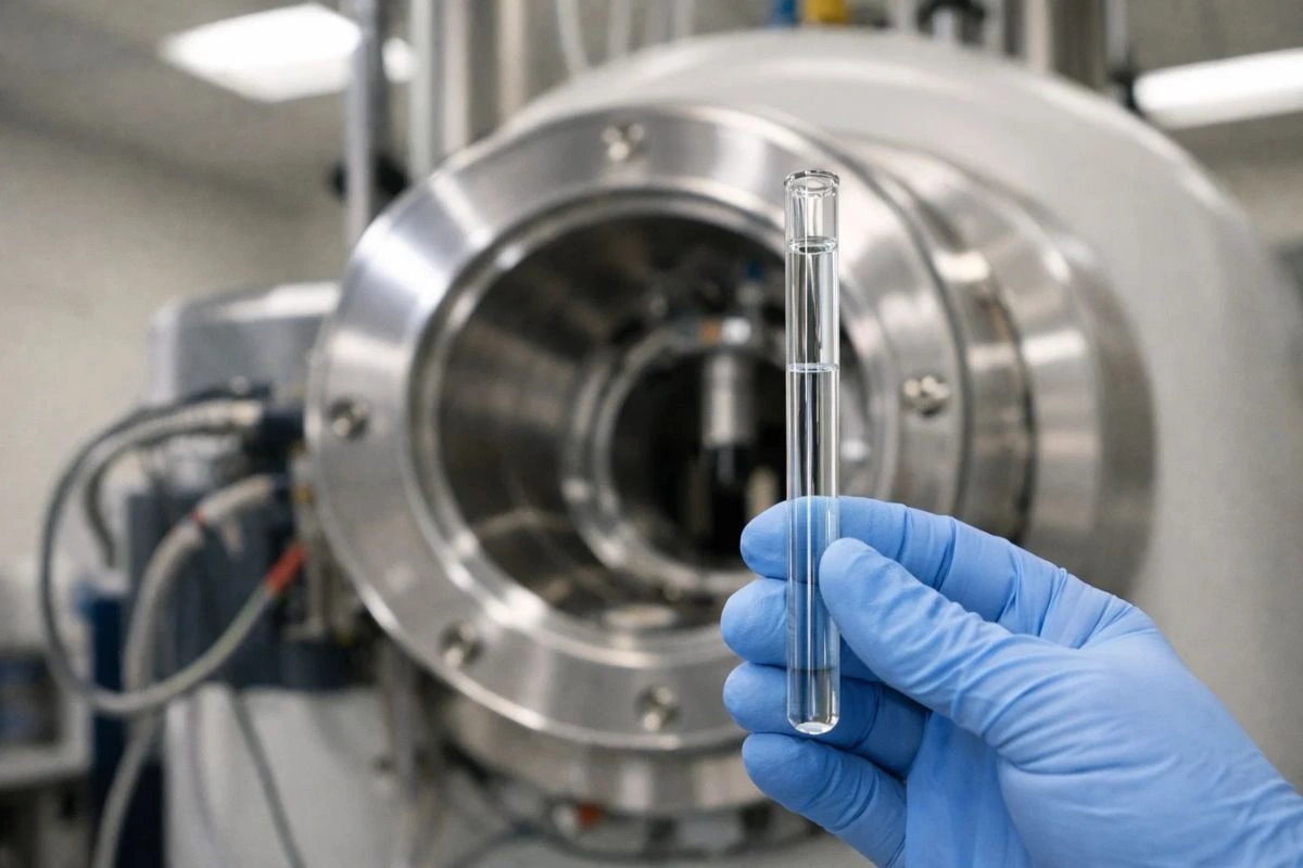 Researcher holding NMR tube near spectrometer bore