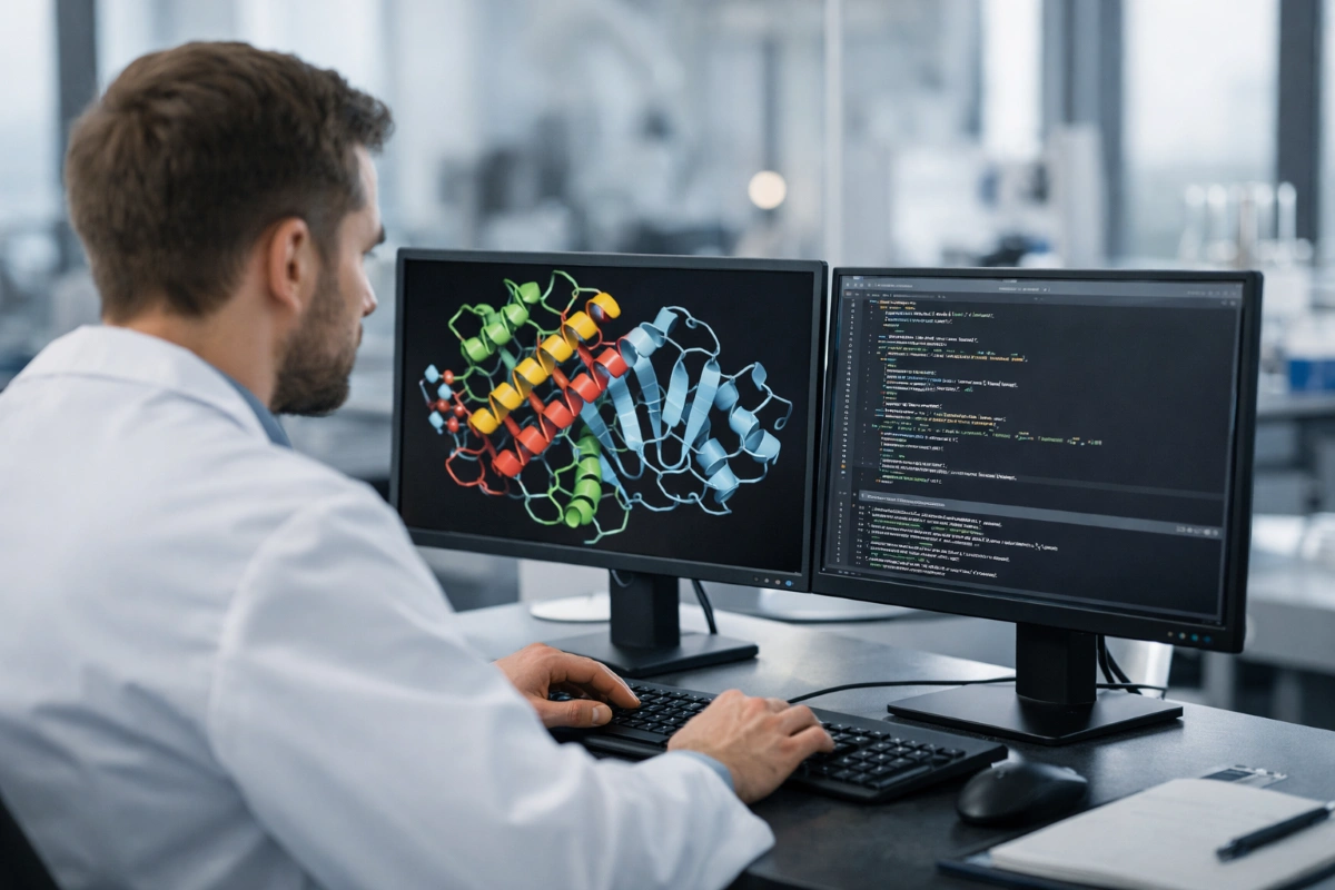 Researcher analyzing peptide data at a workstation