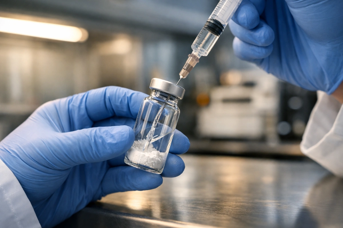 Researcher reconstituting a lyophilized peptide vial