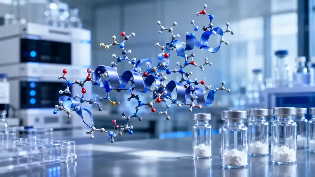 AOD-9604 peptide molecular model above a modern research laboratory bench