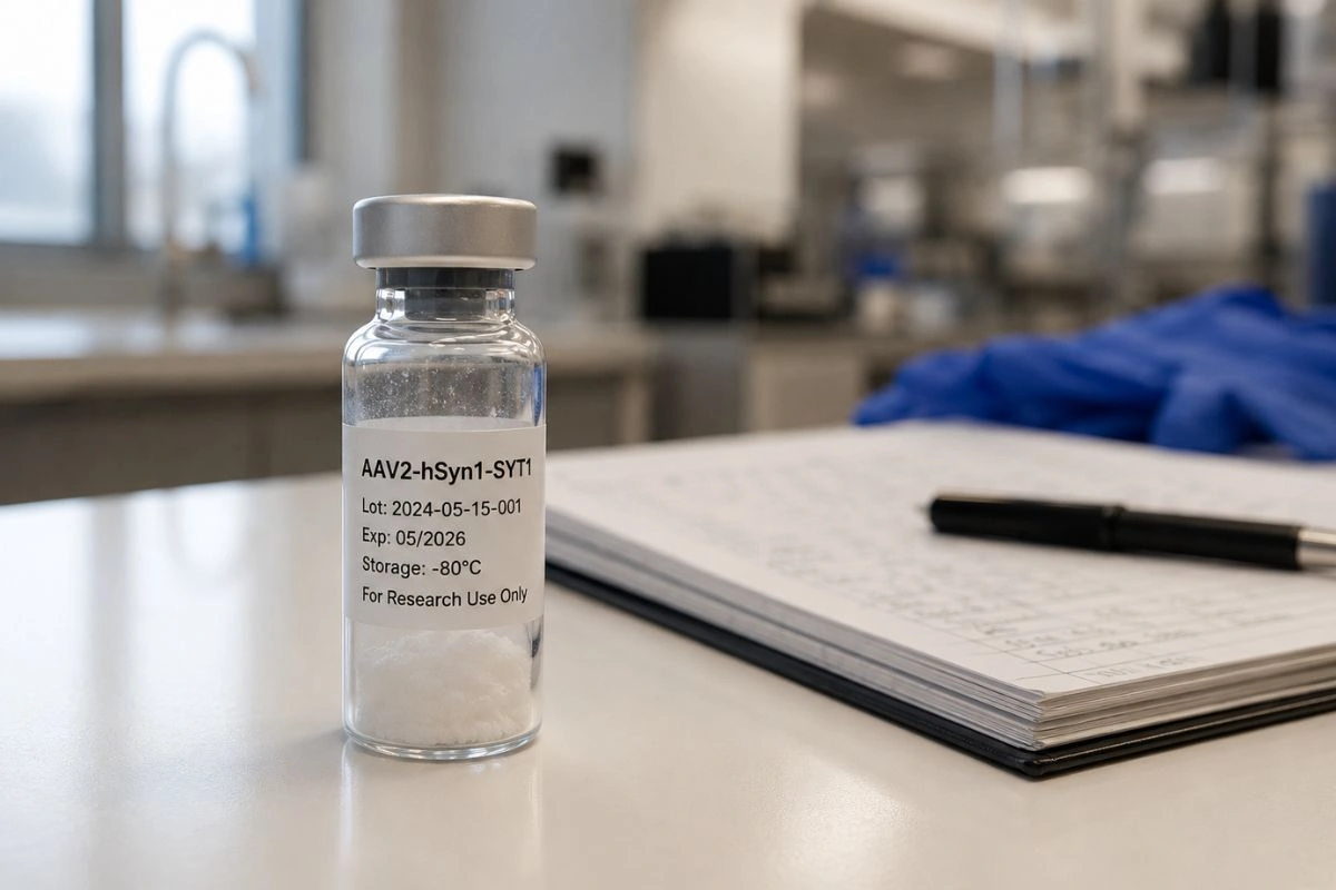 AOD-9604 Research vial with lyophilized peptide on lab bench