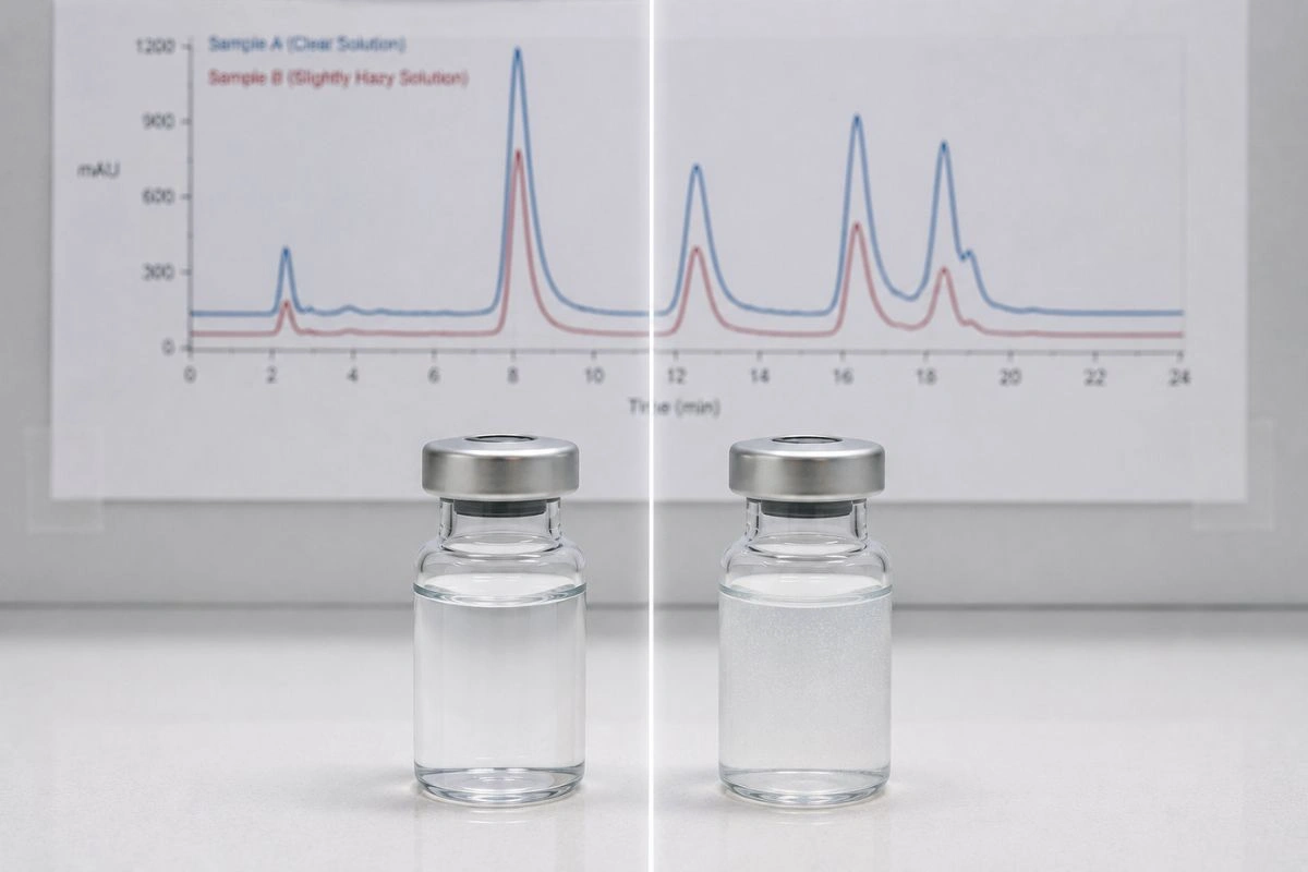 Stable versus degraded peptide vials comparison on benchtop