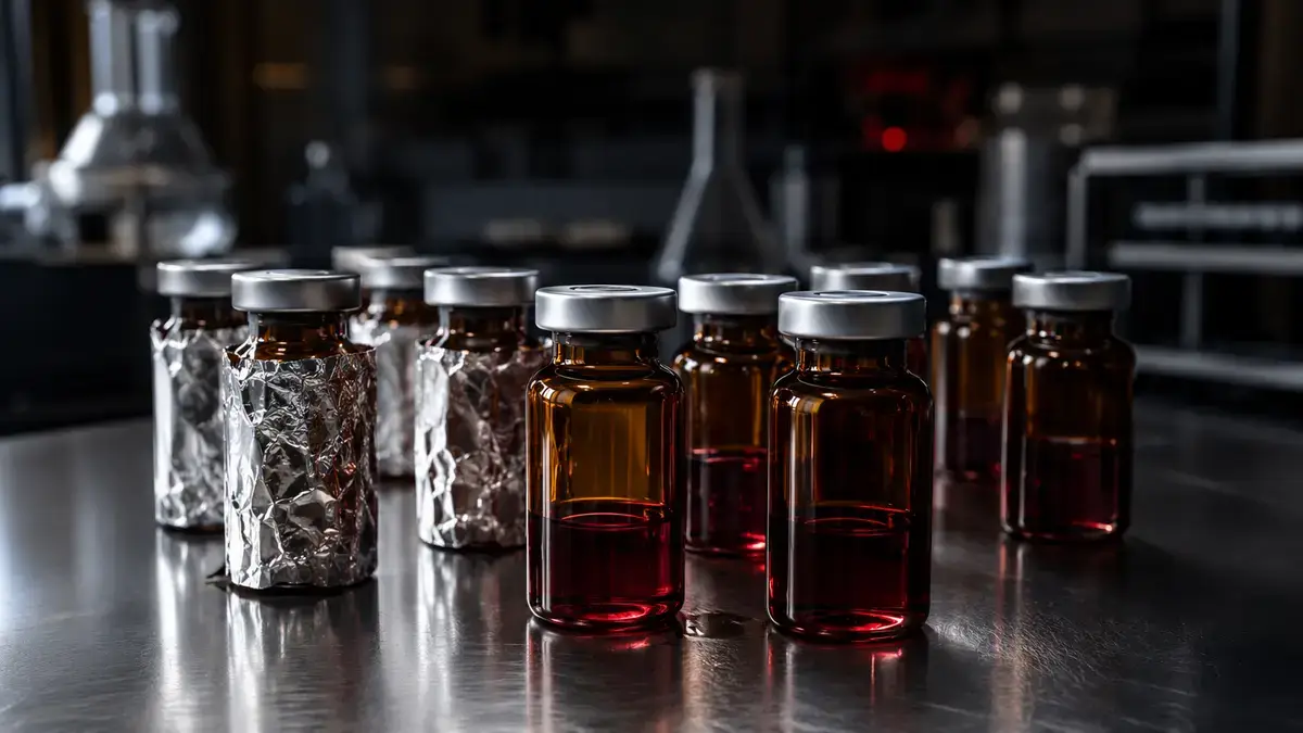 Amber glass vials of cobalamin in a controlled research laboratory storage setup