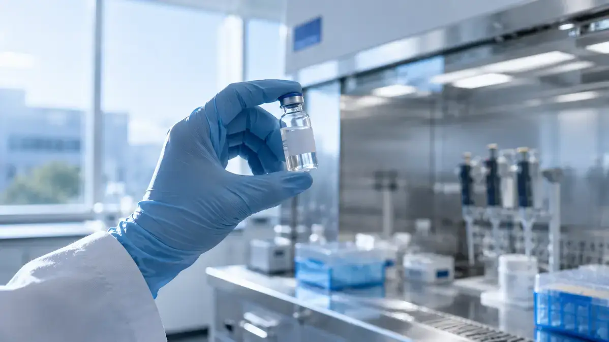 Researcher examining reconstituted DAC peptide vial in laboratory