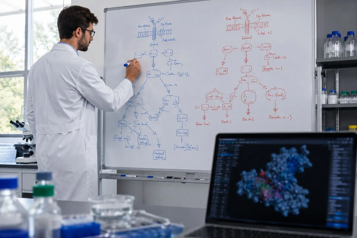 Researcher diagramming GLP-1 T and GLP-3 R receptor pathways on laboratory whiteboard