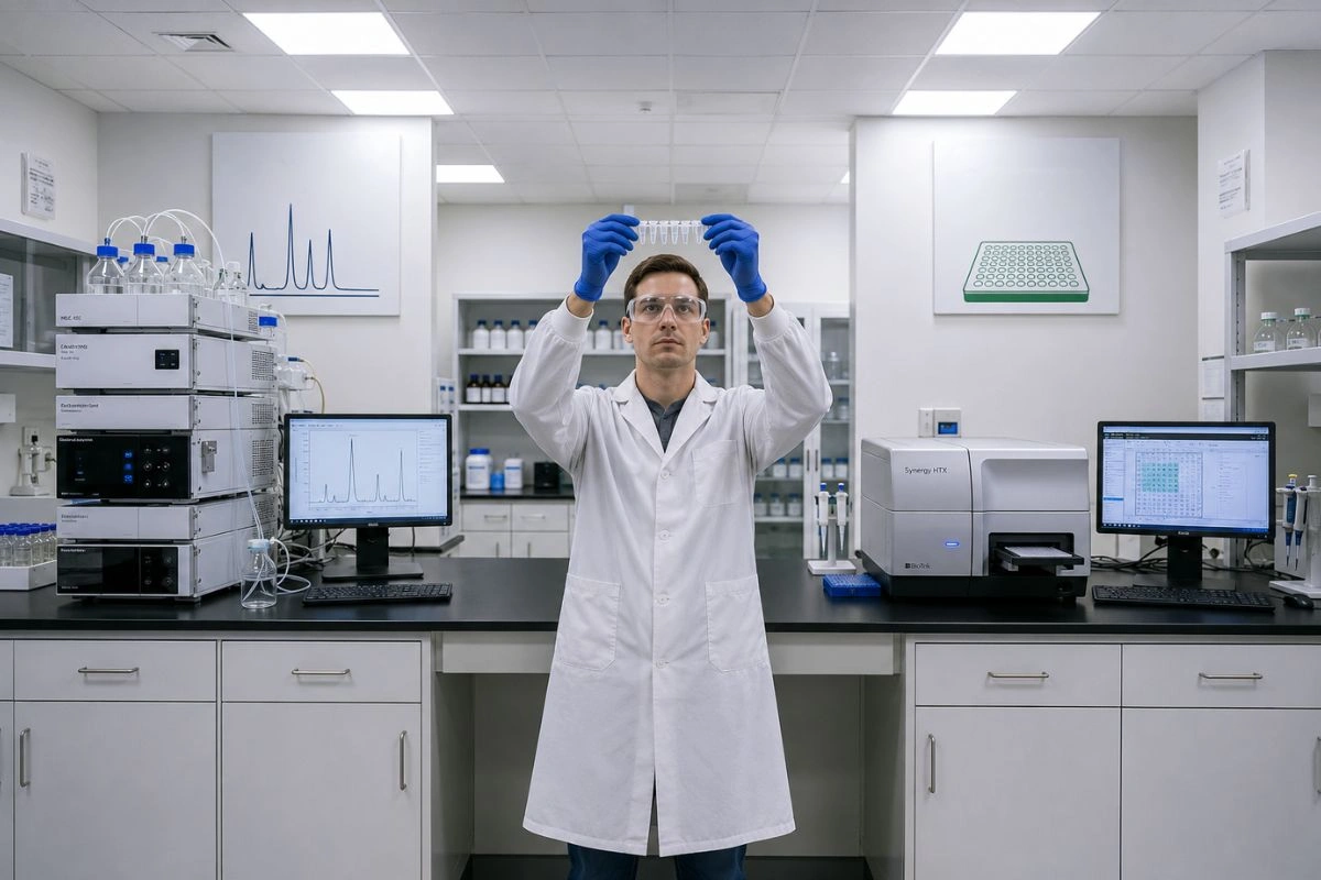 Researcher evaluating sample tubes in analytical chemistry laboratory