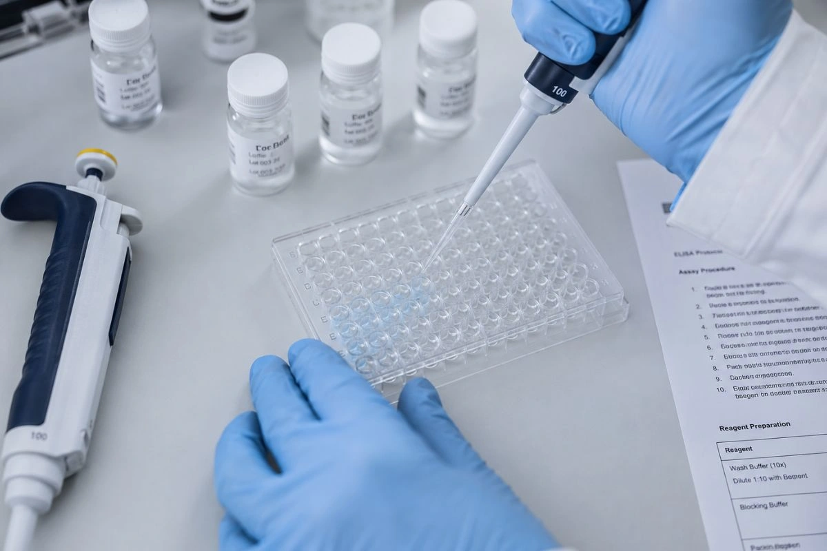 Researcher pipetting peptide solution into microplate wells