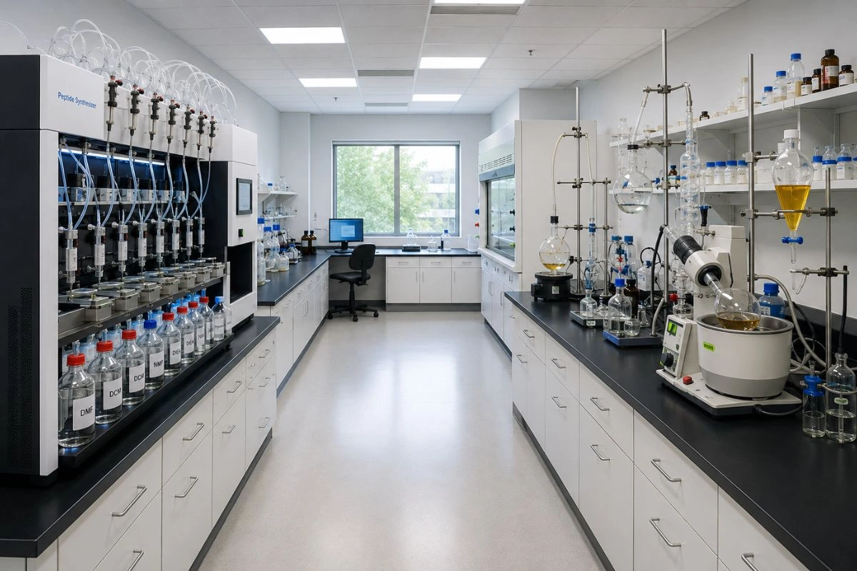 Two peptide synthesis setups facing each other across laboratory
