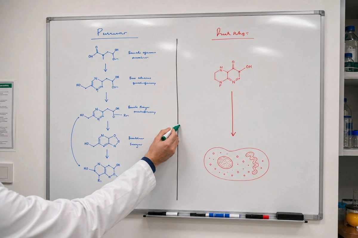Whiteboard comparing precursor and direct NAD+ research paths