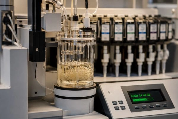 Automated peptide synthesizer with active resin vessel