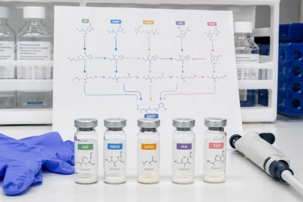 Five labeled NAD+ precursor vials on bench
