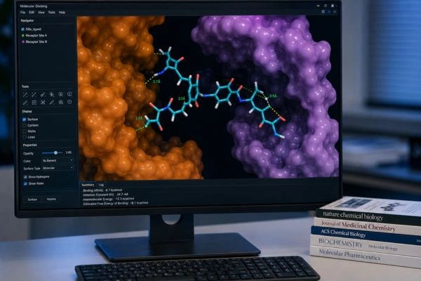 Molecular docking simulation showing dual receptor binding