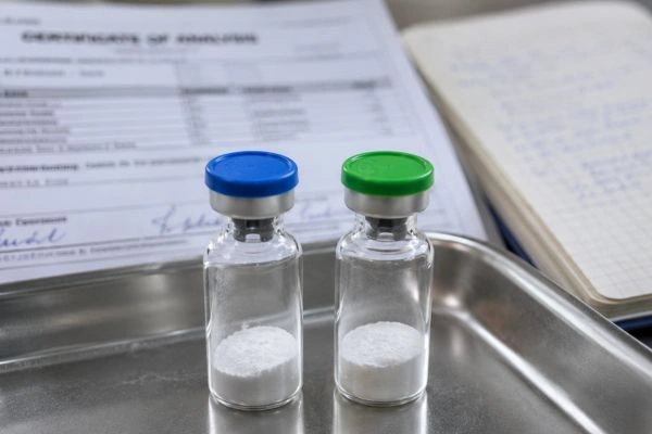 Two BPC-157 + TB-500 peptide vials on laboratory tray