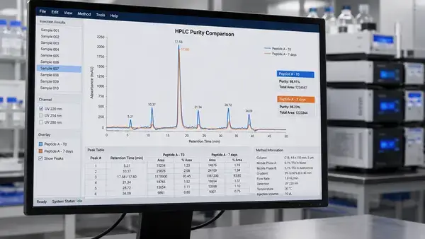 HPLC chromatogram comparing BPC-157 and TB-500 purity stability data