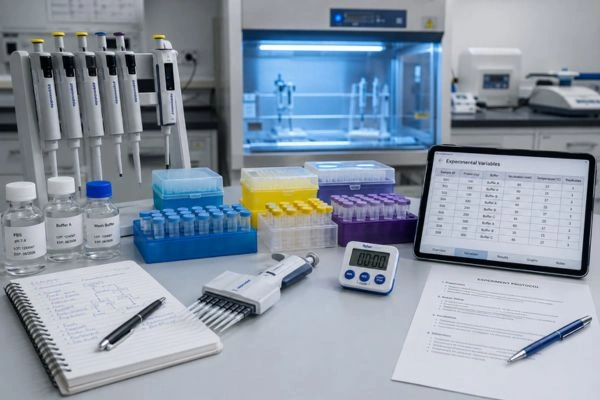 Organized laboratory bench prepared for peptide experiment setup