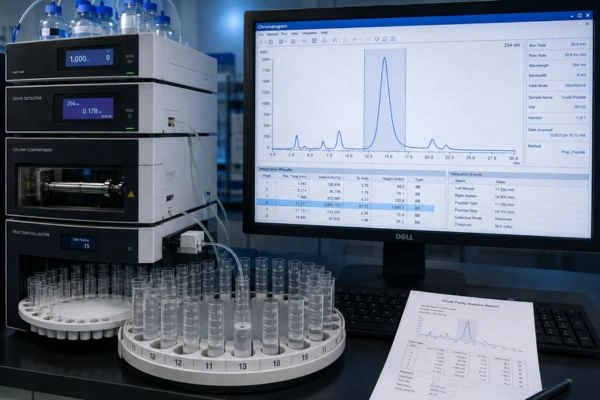 Preparative HPLC purifying crude peptide with chromatogram display
