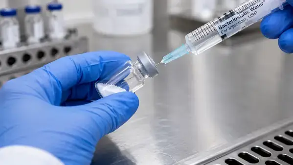 Sterile syringe injecting bacteriostatic water into peptide vial