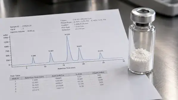 CJC-1295 HPLC purity analysis next to a research peptide vial