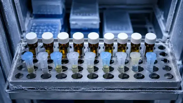 Labeled peptide aliquot tubes in laboratory cryogenic storage