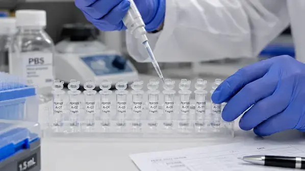 Researcher aliquoting peptide stock into single-use storage tubes