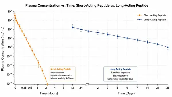 CJC-1295 pharmacokinetic curves comparing 30-minute and 8-day half-life profiles