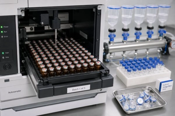 HPLC autosampler tray loaded with amber sample vials