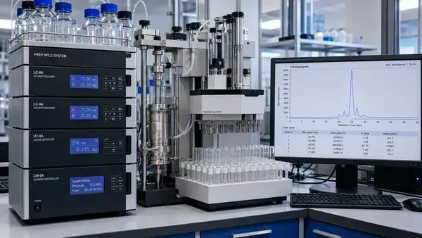 Preparative HPLC system separating research peptides into purified fractions