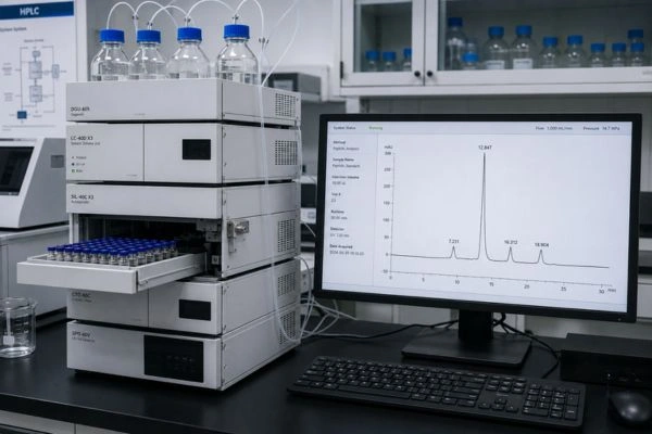 HPLC system displaying peptide stability chromatogram results