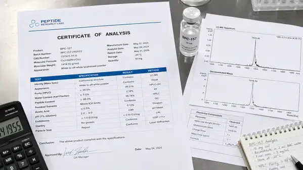 Peptide certificate of analysis with mass spectrometry verification