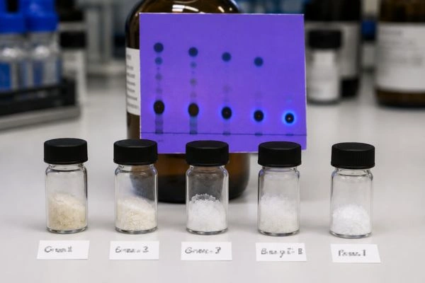 GLP-1 T Peptide purification stages shown in five labeled vials