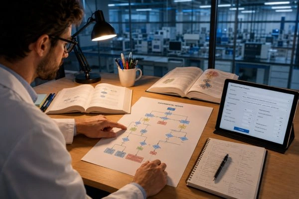 Researcher planning comparative GLP-1 T and GLP-3 R peptide study at laboratory desk