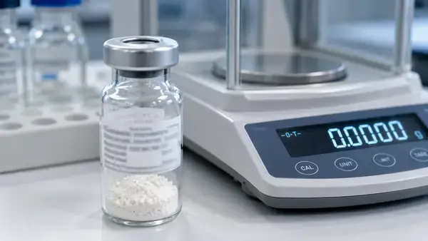 Lyophilized research peptide as fluffy white solid in a labeled lab vial