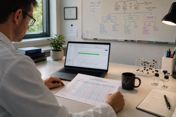 Researcher reviewing GLP-1 T peptide synthesis route decision matrix document